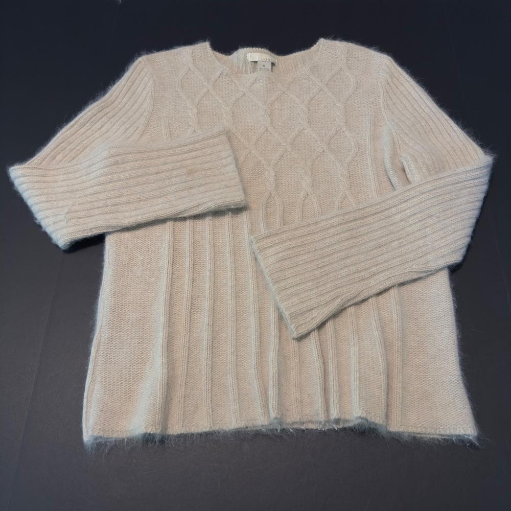 Lucy & Laurel Sweater Cream Angora Wool Cable Knit XL Bell Sleeve Soft Girl